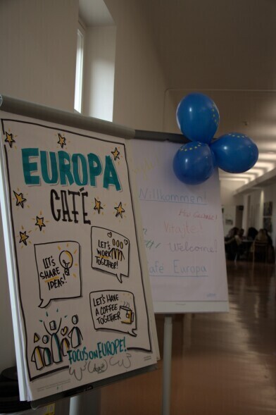 Flipchart mit den Wörtern "Europa Café"